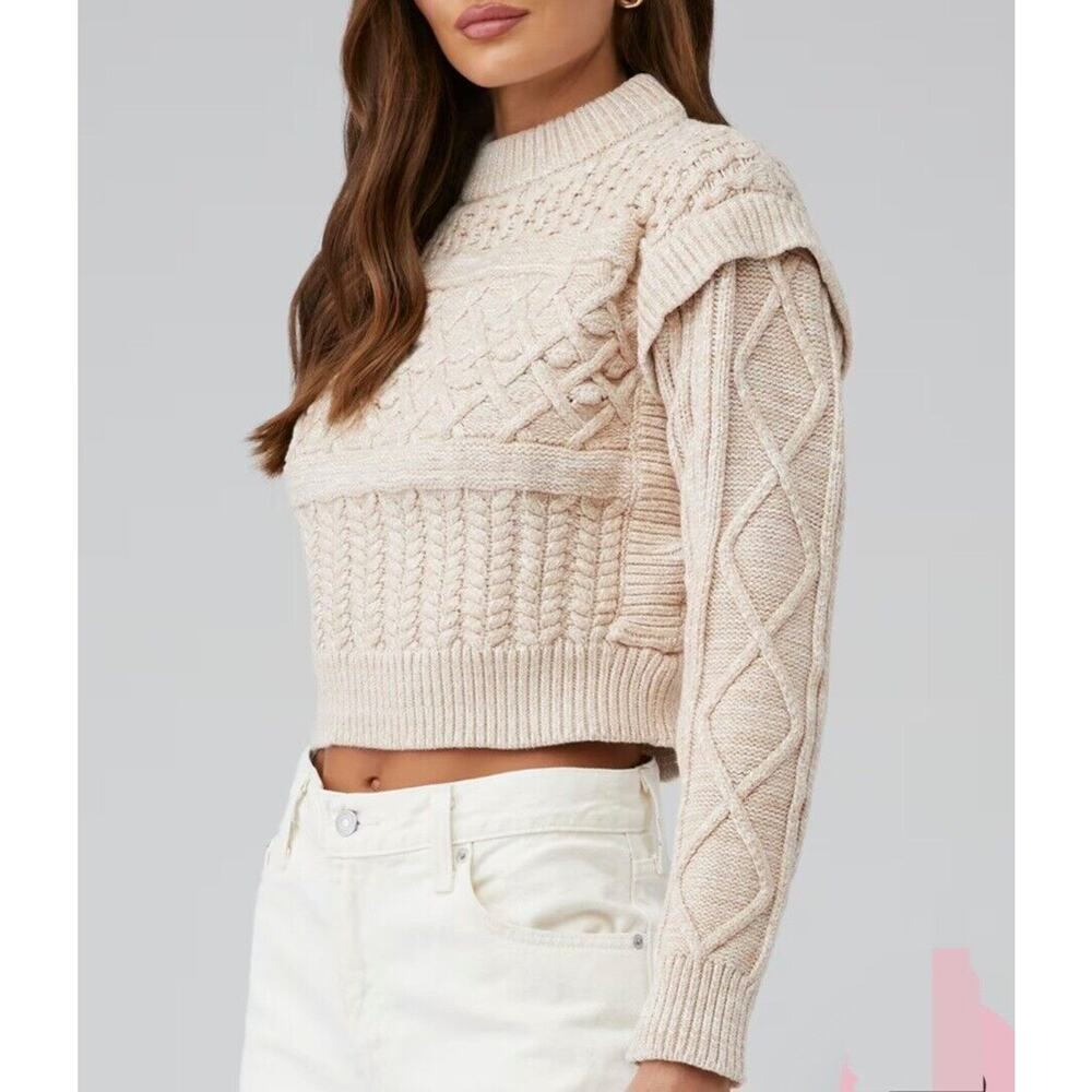 MinkPink Jolene Cable Knit Sweater Womens Large Cropped Oatmeal Chunky Knit